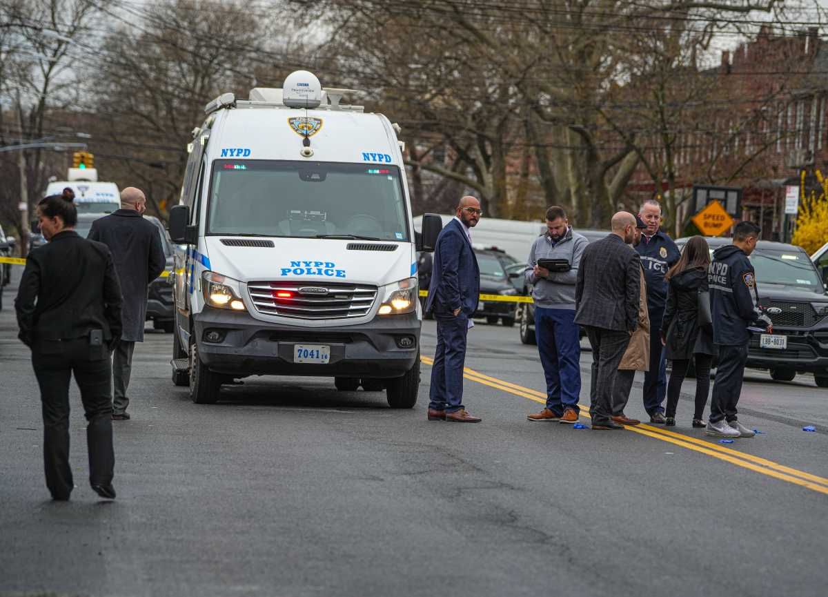 Police officers in Brooklyn shot and seriously injured a man who allegedly attacked several children with a meat cleaver in an apparent domestic dispute on Sunday morning, sources familiar with the investigation said.