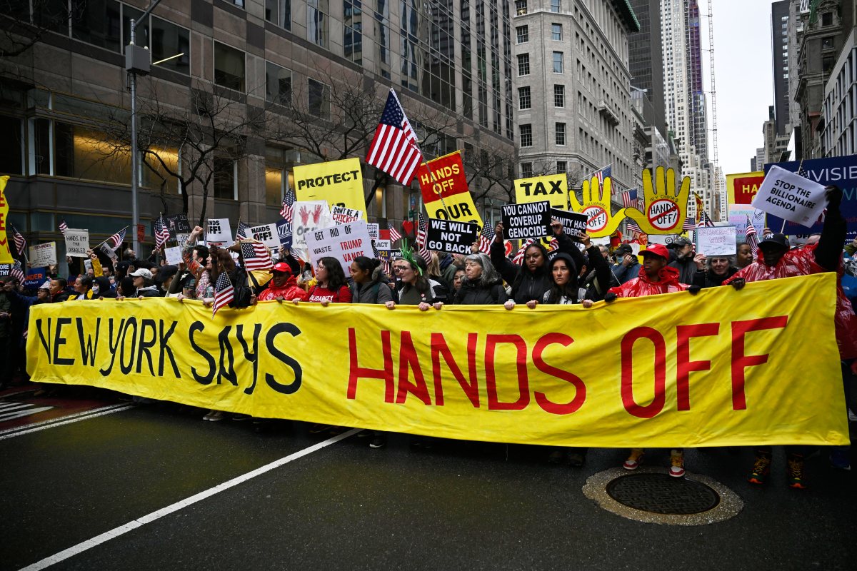 Thousands of protestors packed Bryant Park to protest President Trump and Elon Musk during the Hands Off protest on April 5, 2025. 