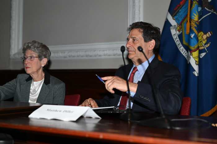 Former U.S. District Judge Shira A. Scheindlin (left) and Fordham Law Professor Matthew Diller (right) engage in a panel discussion about the importance of safeguarding judicial independence, hosted by the New York City Bar Association,