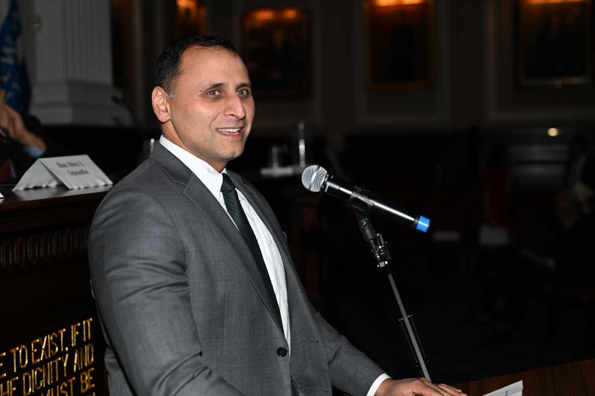 Muhammad Faridi, president of the New York City Bar Association, delivers remarks on the importance of judicial independence at the association’s Manhattan headquarters, Monday, April 21,
