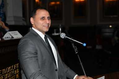 Muhammad Faridi, president of the New York City Bar Association, delivers remarks on the importance of judicial independence at the association’s Manhattan headquarters, Monday, April 21,