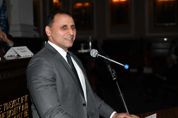 Muhammad Faridi, president of the New York City Bar Association, delivers remarks on the importance of judicial independence at the association’s Manhattan headquarters, Monday, April 21,