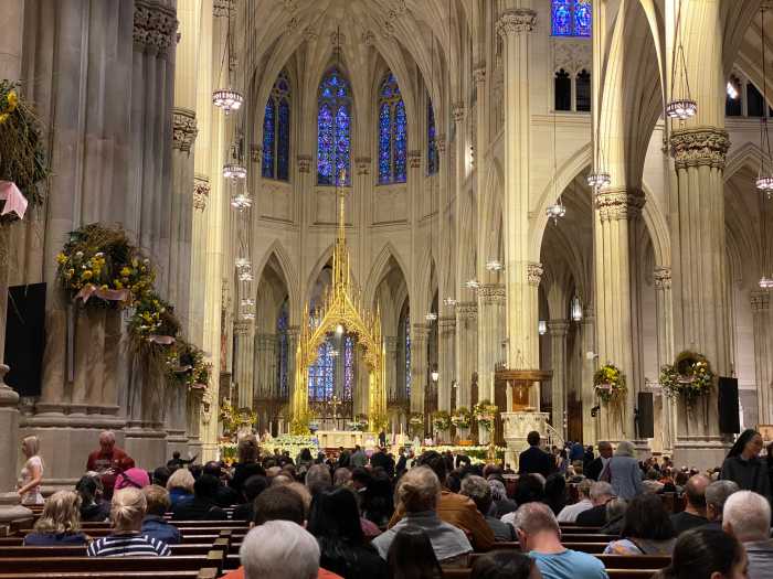Worshippers fill the pews of St. Patrick’s Cathedral during a special Mass honoring the late Pope Francis, who died on Easter Monday at age 88