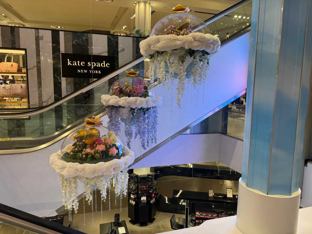 flower displays hanging at Macy's