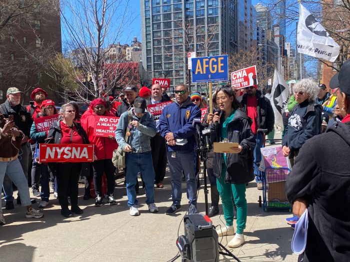 'Saving pennies will cost lives': Nurses and veterans rally against VA staffing cuts 2 Joolie Lee, primary care RN and Army veteran, addresses the crowd at the rally outside the Margaret Cochran Corbin VA Campus, urging an end to staffing cuts that would impact veterans' care