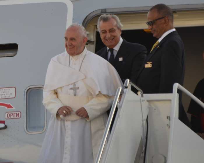 Pope Francis: Looking back at the pontiff's historic 2015 visit to NYC 2 Pope Francis smiling as he departs a plane in New York