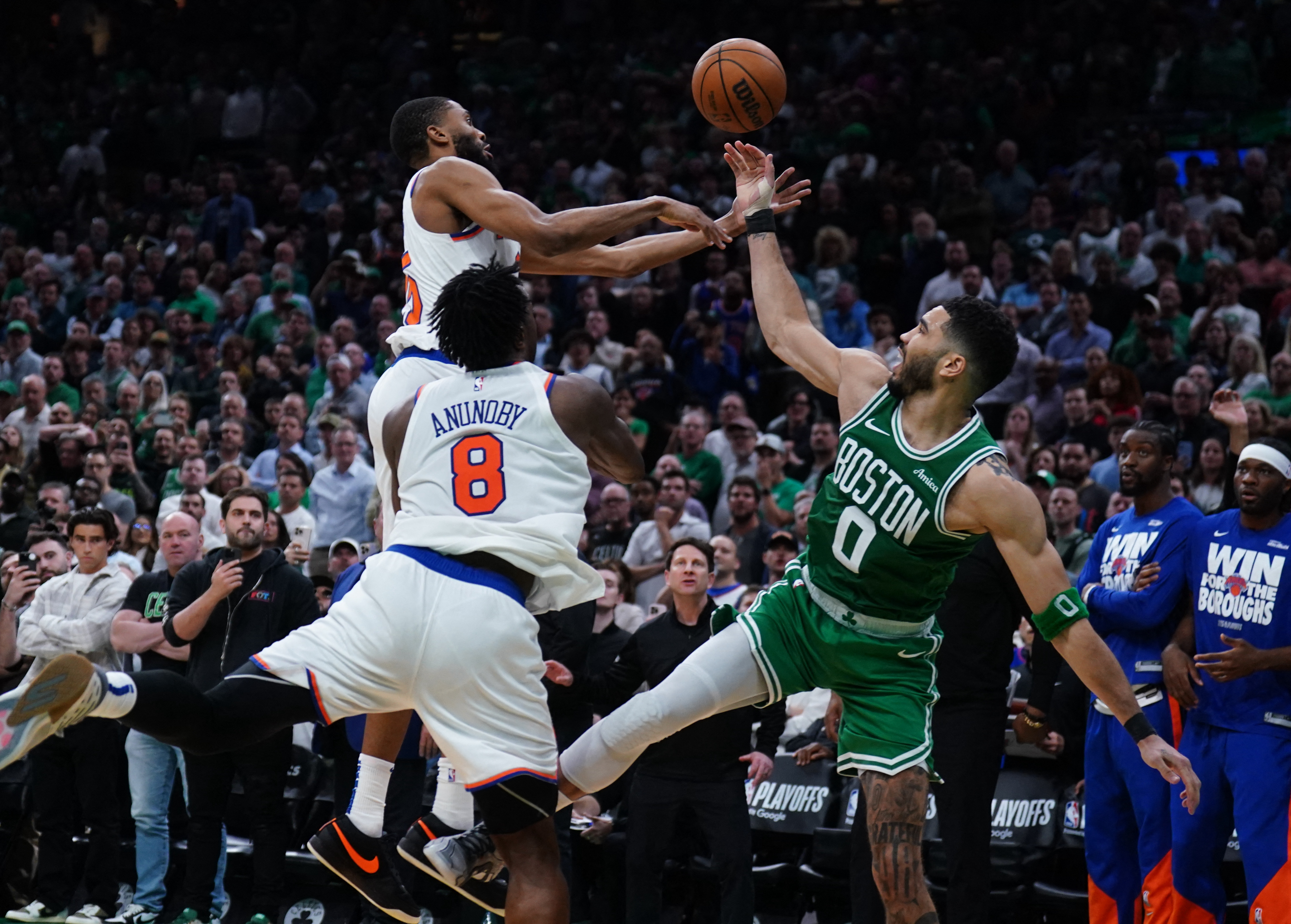 5 questions surrounding Knicks this summer after Tom Thibodeau firing 6 MIkal Bridges OG Anunoby block Jayson Tatum Game 2 Knicks Celtics