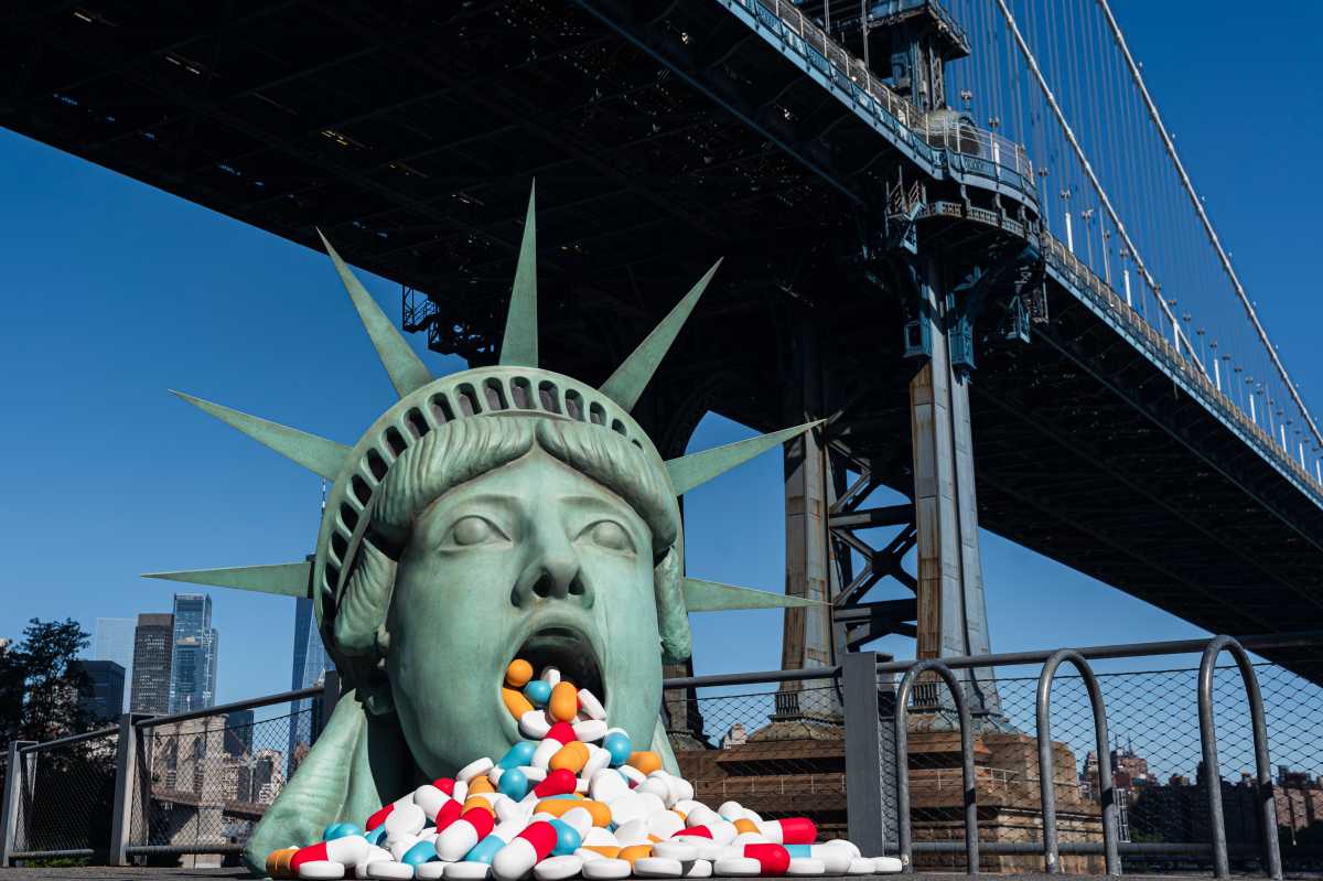 Your summer arts guide for New York City 2025 3 Vimergy, a health conscious brand, unveiled “Mouth of America”, a massive public sculpture of Lady Liberty swallowing hundreds of giant pills, to bring awareness to how many Americans use prescription drugs.