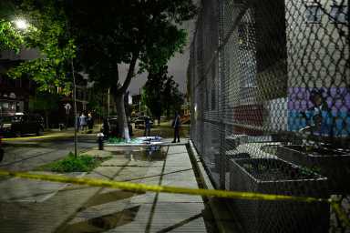 Detectives investigate a deadly double shooting on New Jersey Avenue in Brooklyn on May 17, 2025.