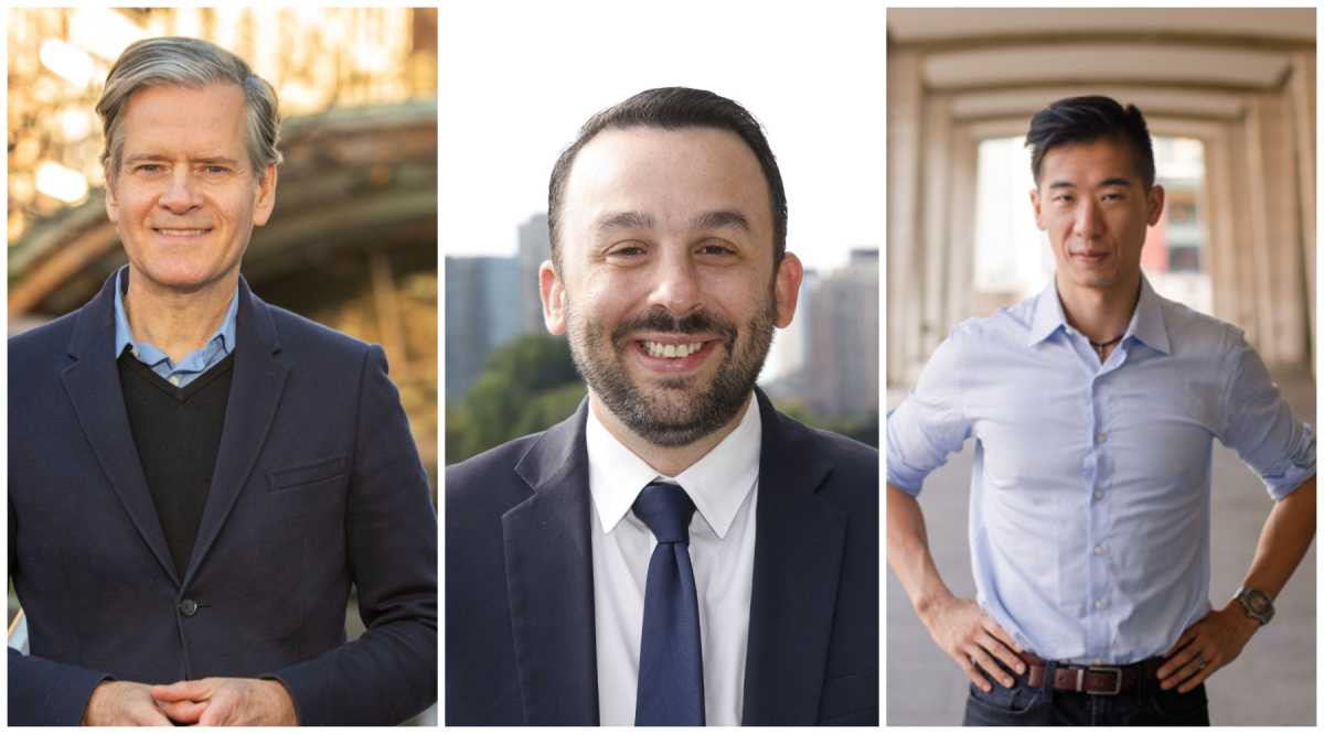 Candidates for Manhattan Borough President: From left, State Sen. Brad Hoylman-Sigal, City Council Member Keith Powers, and Dr. Calvin Sun are competing in the June 24 Democratic primary to succeed outgoing Borough President Mark Levine.