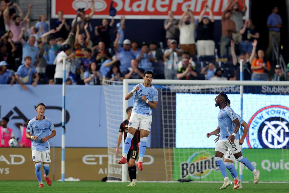 Jun 12, 2025; New York, New York, USA; New York City FC forward Monsef Bakrar (9) celebrates his goal against Atlanta United during the second half at Yankee Stadium. Mandatory Credit: Brad Penner-Imagn Images
