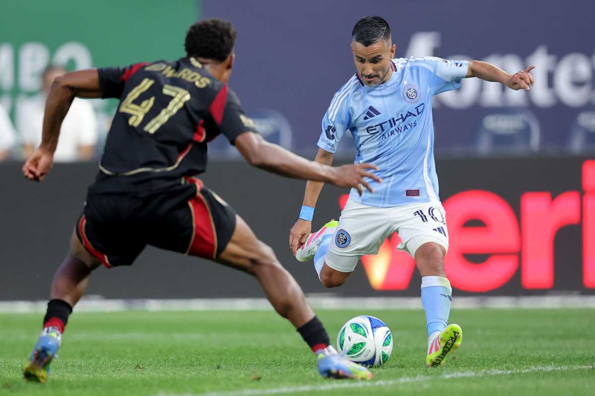 Jun 12, 2025; New York, New York, USA; New York City FC midfielder Maximiliano Moralez (10) scores a goal against Atlanta United defender Matthew Edwards (47) during the first half at Yankee Stadium. Mandatory Credit: Brad Penner-Imagn Images