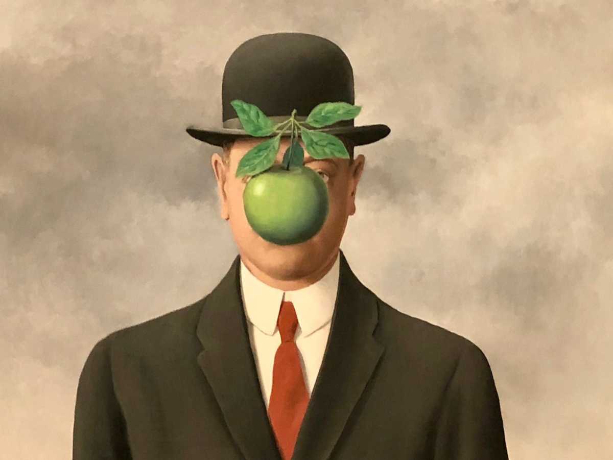 a painting of a bowler-hatted man with a green apple in front of his face, by Rene Magritte