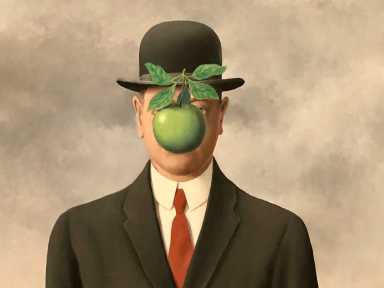 a painting of a bowler-hatted man with a green apple in front of his face, by Rene Magritte