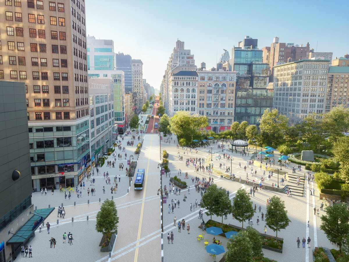 Aerial rendering of streetscape and trees as part of 14th Street redesign