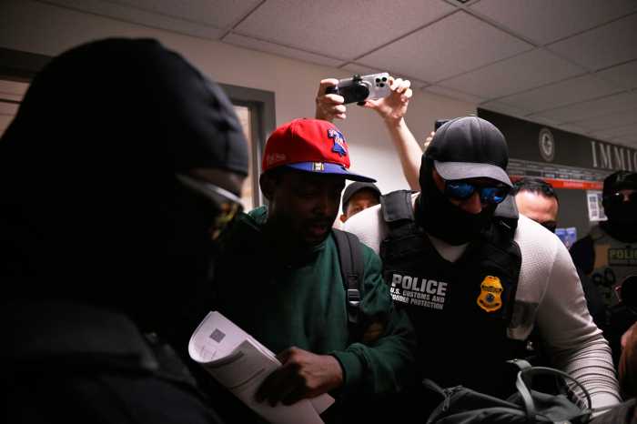 ICE in courts: Feds cuff more immigrants as protesters decry detentions outside 26 Federal Plaza 2 An immigrant is detained by ICE agents moments after exiting a mandatory hearing inside Manhattan’s 26 Federal Plaza.