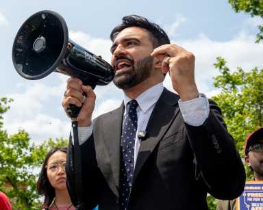 Democratic Mayoral candidate Zohran Mamdani speaks to supporters at a rally in Sunset Park.