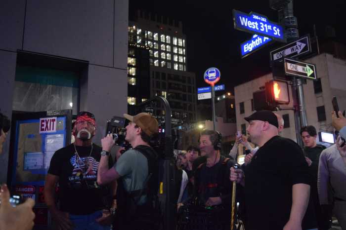 Pro wrestling legend Hulk Hogan visits Slam, a new sports bar bearing his name, during a walkthrough at the under-construction venue across from Madison Square Garden on April 30
