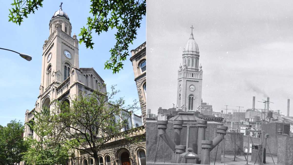 A modern photo of the Holy Redeemer Church next to an old, black and white photo.