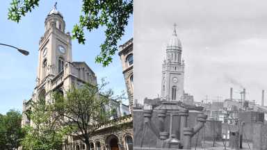 A modern photo of the Holy Redeemer Church next to an old, black and white photo.