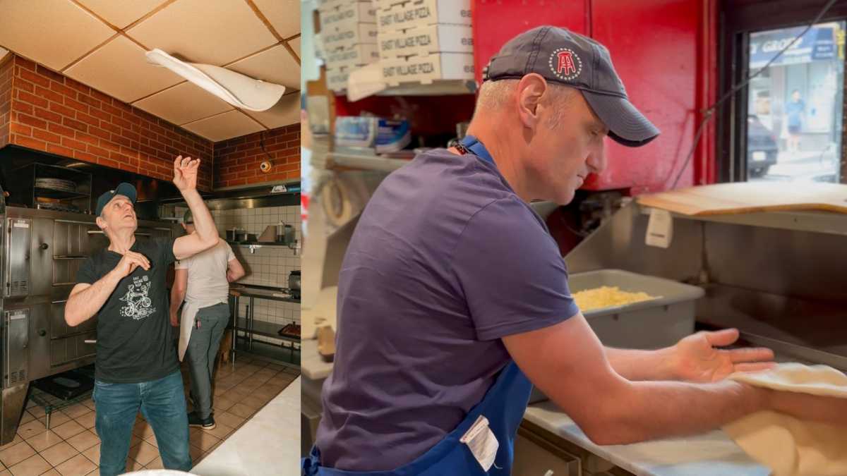 two side by side photos of Frank Kabatas, owner of East Village Pizza, making pizza.