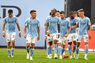 New York City FC (NYCFC) midfielder Andres Perea (8) celebrates his goal during the first half against the Nashville SC at Yankee Stadium.
