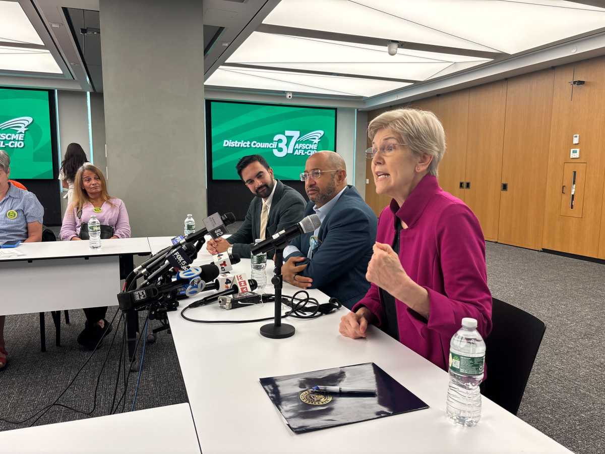 (left to right) Zohran Mamdani, DC37 Executive Director Henry Garrido, and Senator Elizabeth Warren