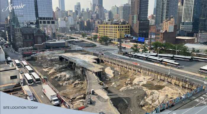 The site of the proposed 45-story mixed-use tower, The Avenir, at 41st Street and 11th Avenue in Hell’s Kitchen, being developed in a joint venture by Silverstein Properties, Rush Street Gaming, and Greenwood Gaming and Entertainment.