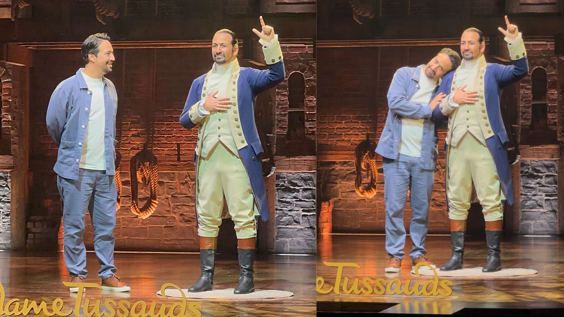 Lin-Manuel Miranda gets wax figure at Madame Tussauds New York as 'Hamilton' celebrates ten years on Broadway 2 a side by side of Lin-Manuel Miranda and his wax figure on stage.