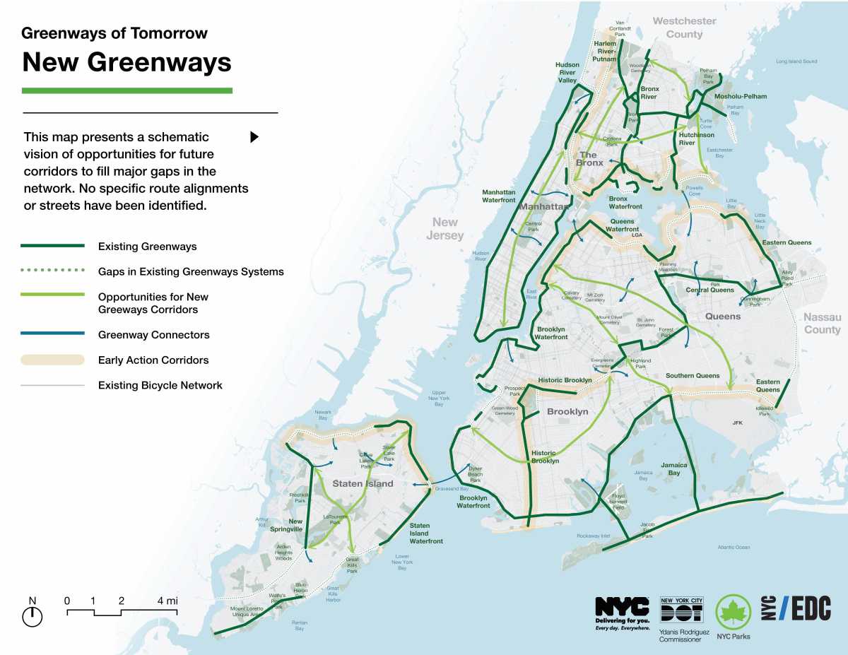 map of New York City showing existing greenways and opportunities to expand them.