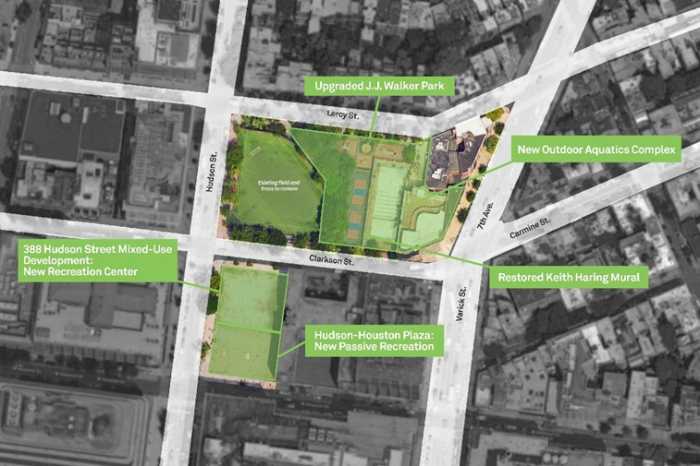 An aerial rendering shows the city’s proposed $164 million revitalization plan for the Clarkson Street corridor, including a new outdoor aquatics facility on the site of the Tony Dapolito Recreation Center and an indoor recreation center across the street at 388 Hudson St.