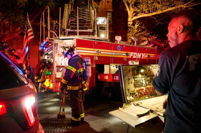 Brooklyn fire injures seven people, including firefighters, Sunday night 3 firefighters, with their truck, at the scene of a fire in Brooklyn