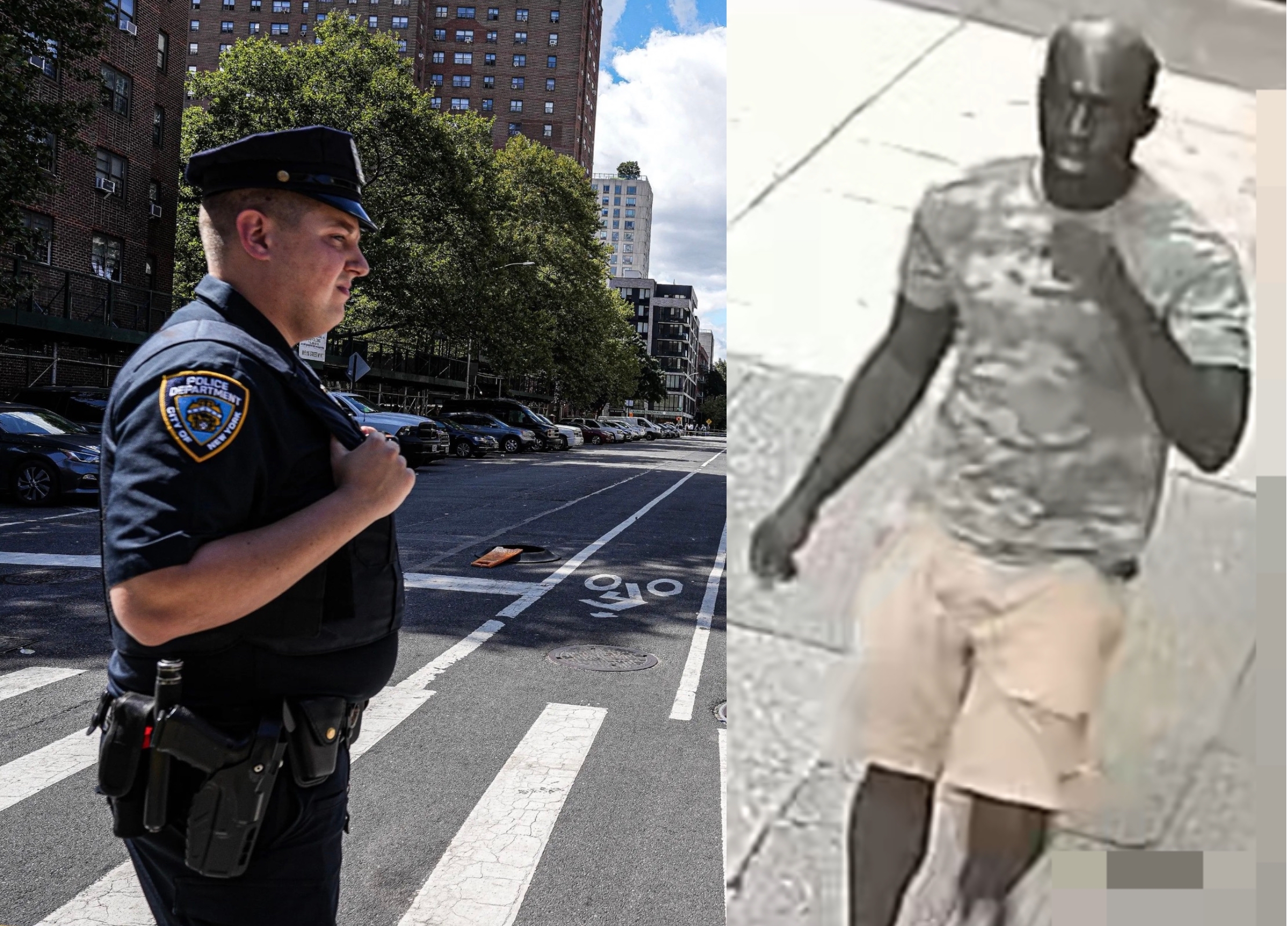 police officer with inset of suspect in midtown rape attempt